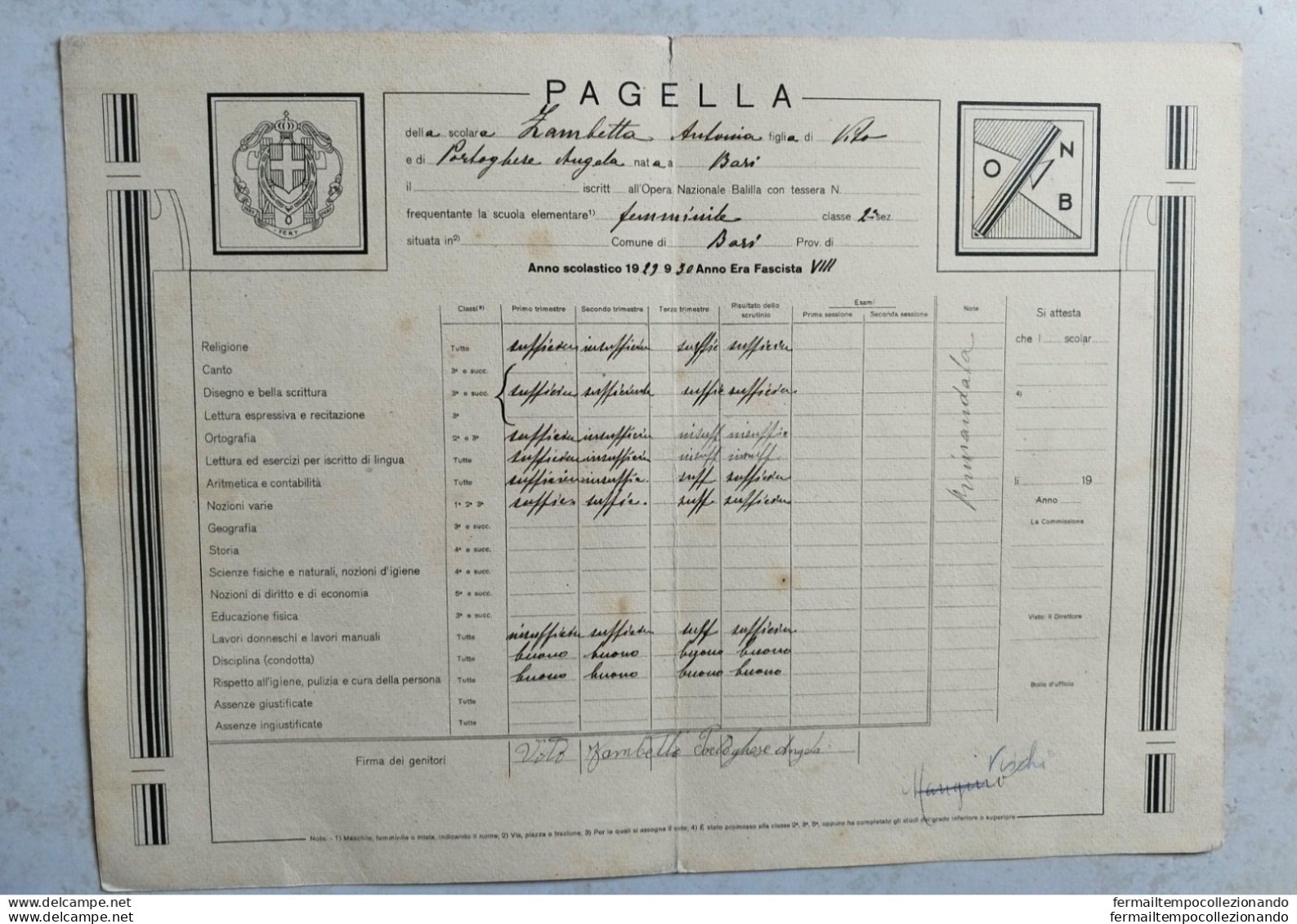 Bs41 Bari Pagella Fascista Ministero Dell'educazione Nazionale - Diploma & School Reports