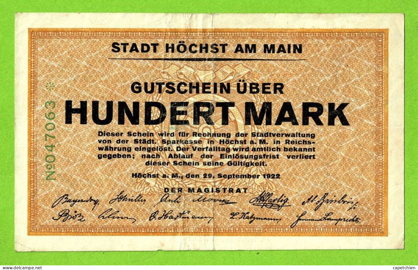 ALLEMAGNE / STADT HÖCHST Am MAIN HUNDERT MARK /  N° 047063 / 29 SEPTEMBRE 1922 - [11] Local Banknote Issues