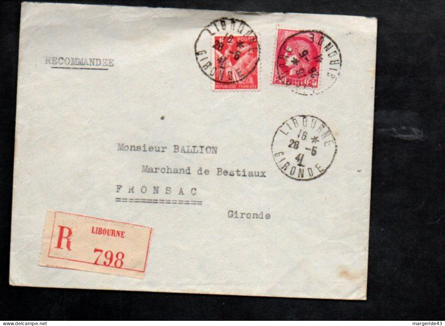 AFFRANCHISSEMENT COMPOSE SUR LETTRE RECOMMANDEE DE LIBOURNE 1941 - Postal Rates