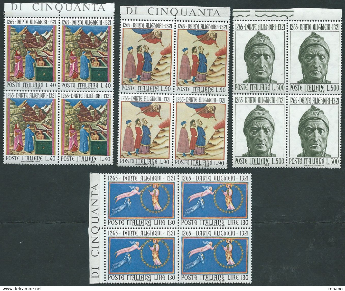 Italia 1965; Dante Alighieri, Anniversario Della Nascita, Serie Completa. Quartine Di Bordo Superiore. - 1961-70: Mint/hinged