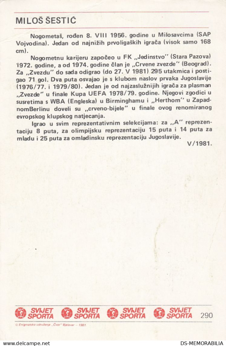 Soccer Football Miloš Šestić Yugoslavia Trading Card Svijet Sporta - Soccer
