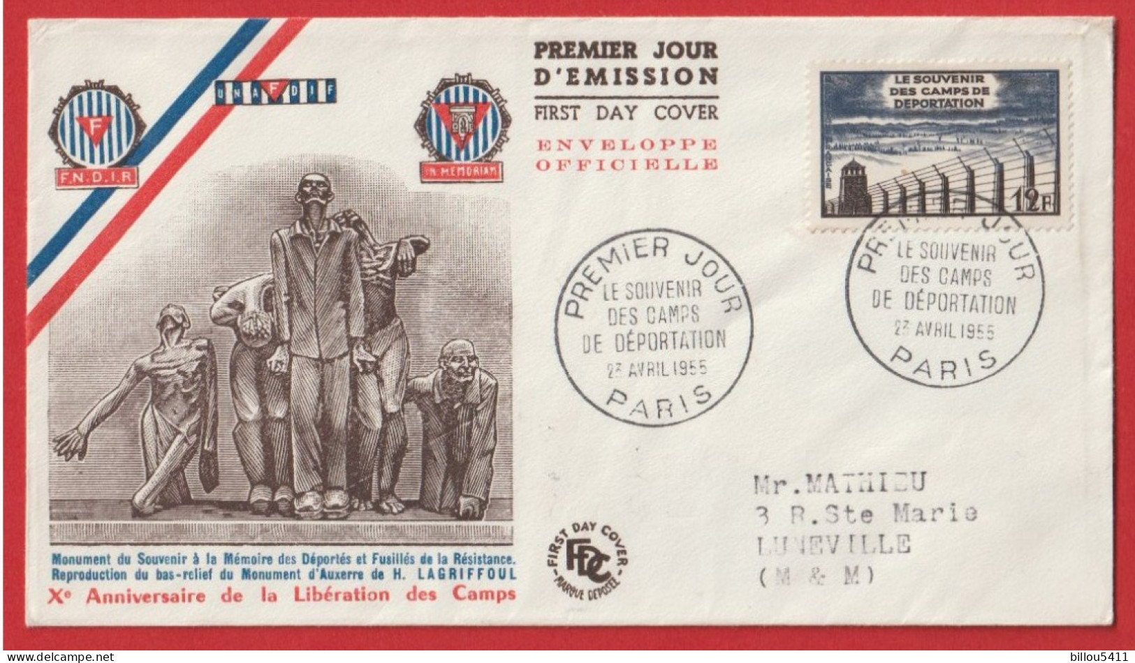 FDC - Premier Jour - Souvenir Des Camps De Déportation - 1955 - 1950-1959