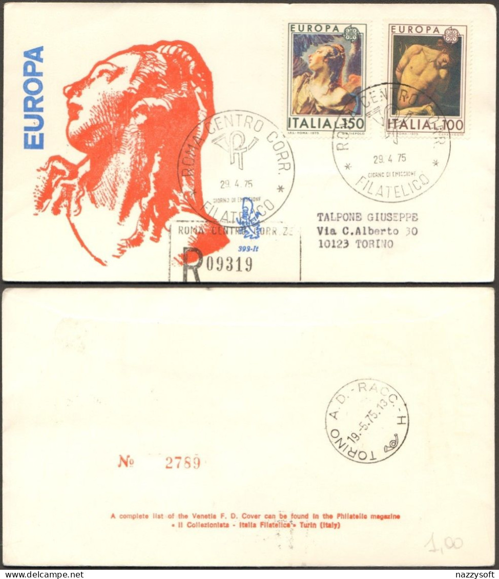 Fdc Venetia 1975 393it Europa CEPT Af Roma Raccomandata Scritte Rosse Al Verso - FDC