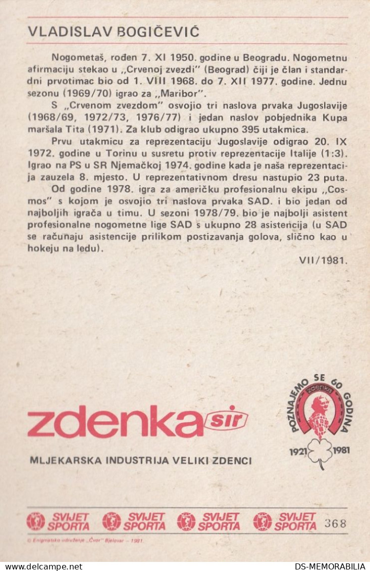 Soccer Football Vladislav Bogičević Yugoslavia Trading Card Svijet Sporta - Fútbol