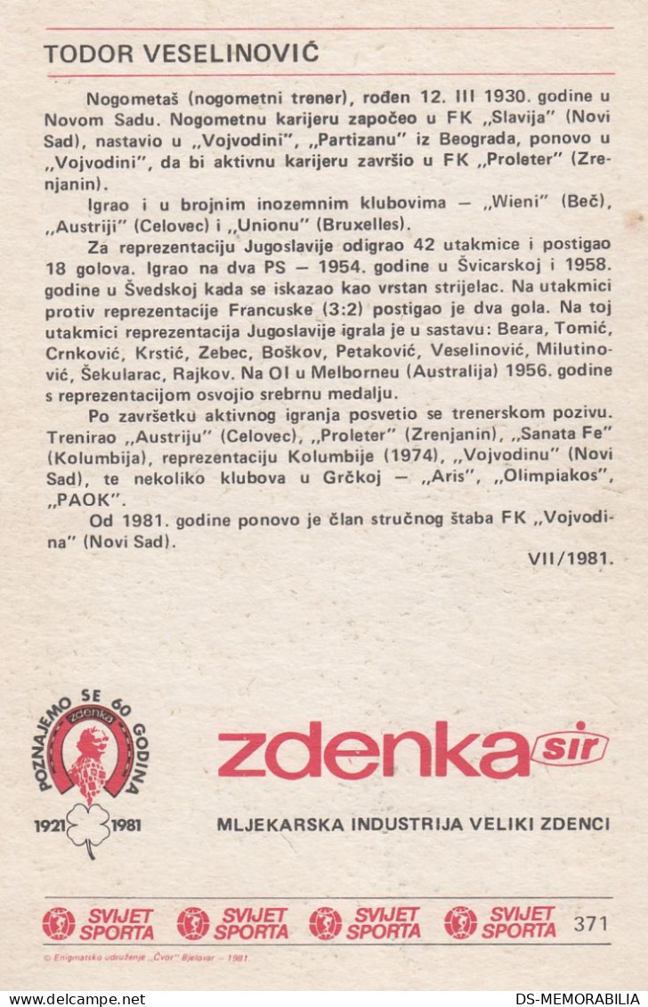 Soccer Football Todor Veselinović Yugoslavia Trading Card Svijet Sporta - Soccer