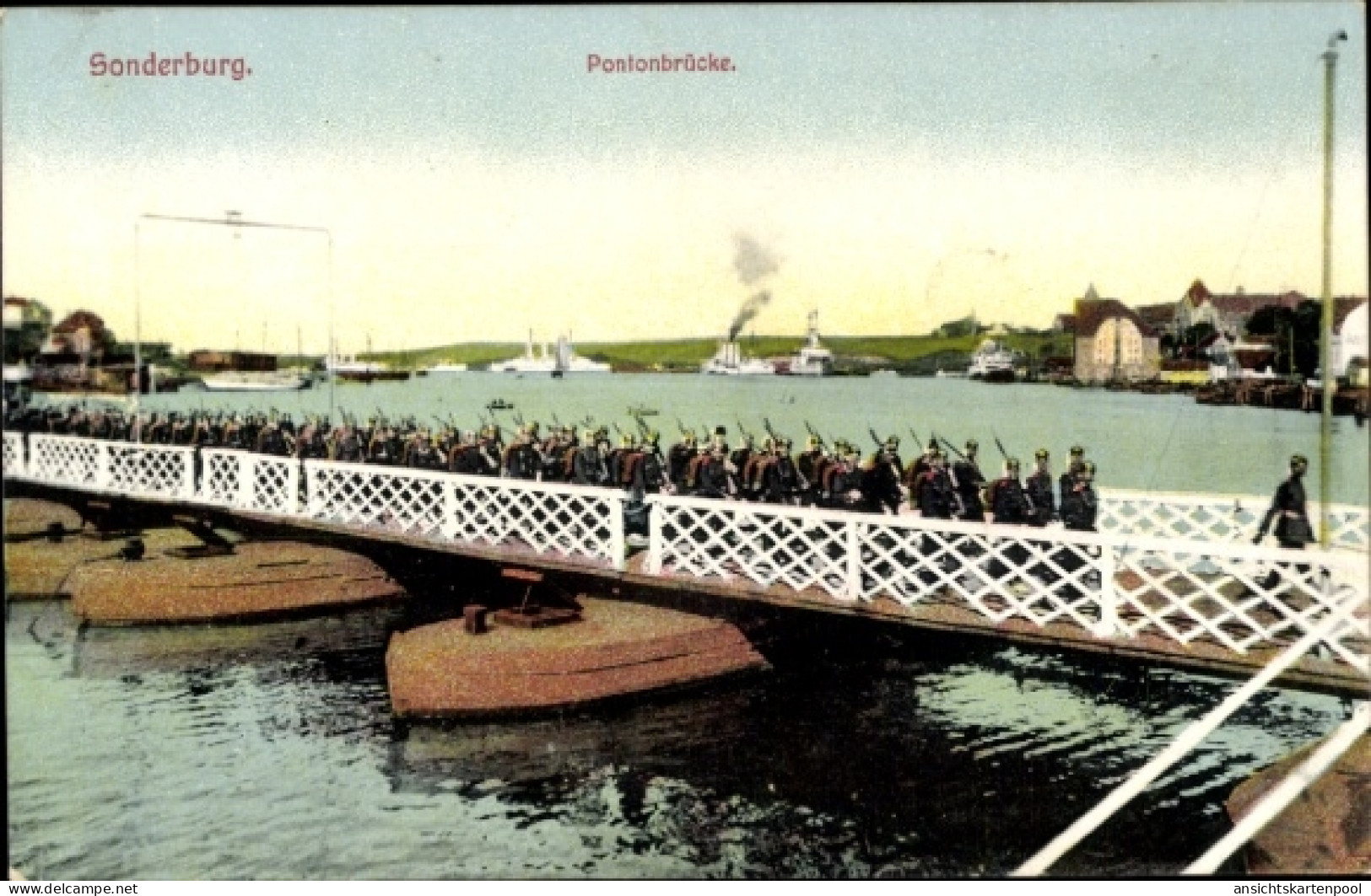 CPA Sønderborg Sonderburg Dänemark, Hafen, Pontonbrücke, Soldaten - Dänemark