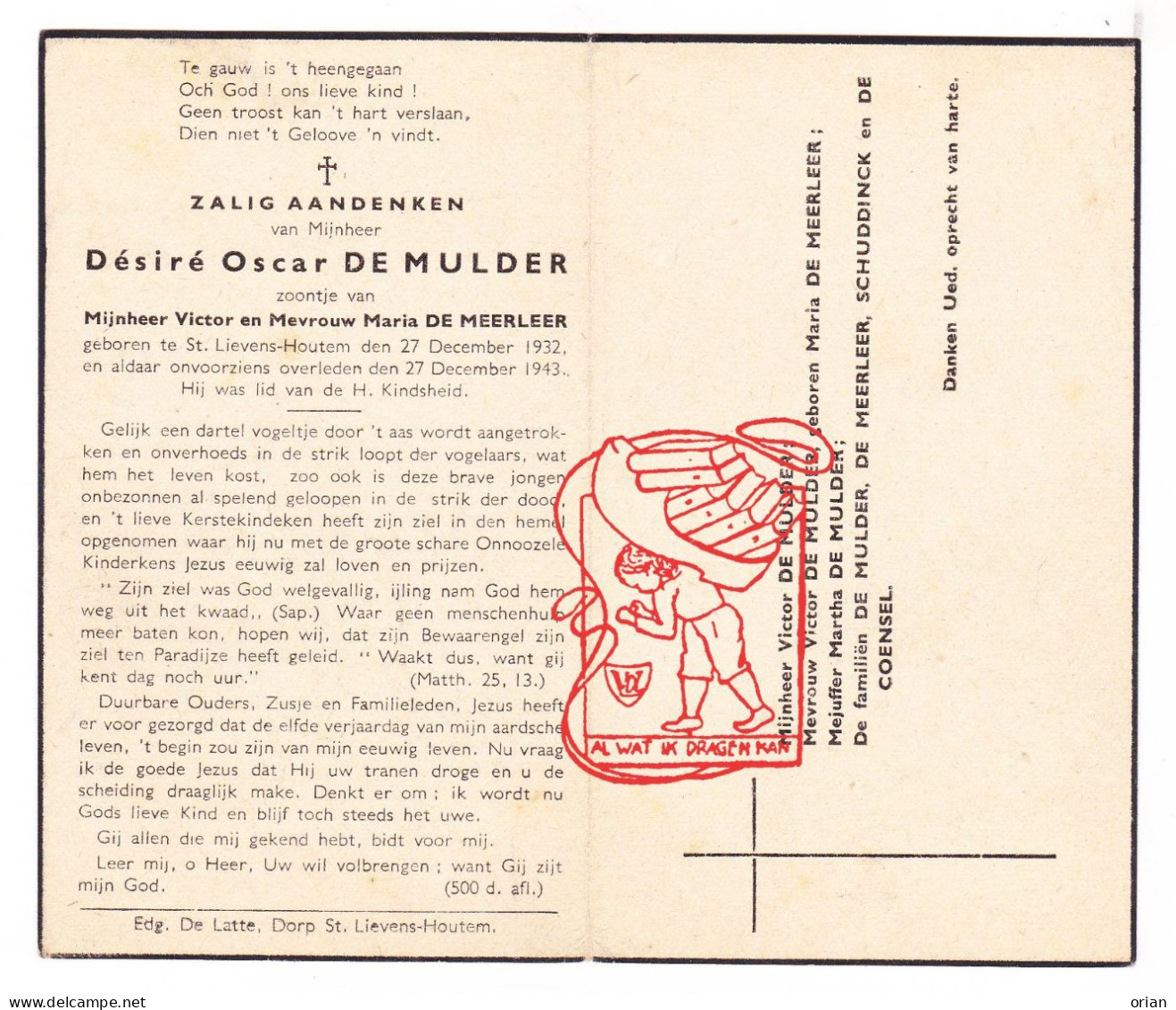 DP † Op Verjaardag - Désiré Oscar De Mulder / De Meerleer 11j. ° Sint-Lievens-Houtem 1932 † 1943 Schuddinck De Coensel - Andachtsbilder