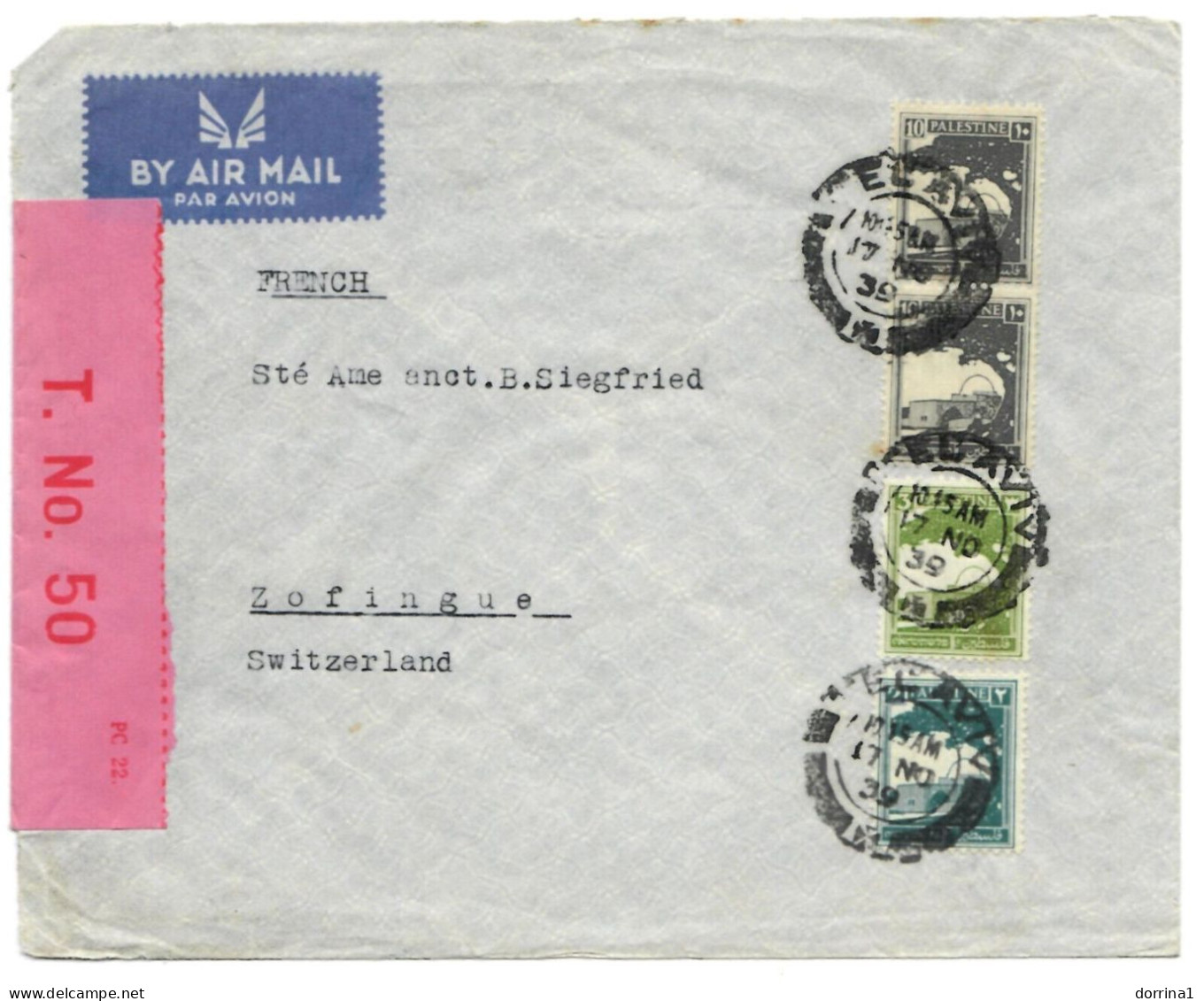 WWII 1939 Cover Tel Aviv Palestine Mandate Open By Censor T No 50 AirMail - Palästina