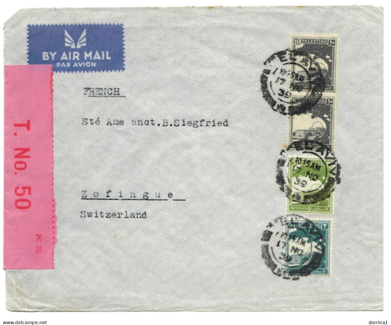 WWII 1939 Cover Tel Aviv Palestine Mandate Open By Censor T No 50 AirMail - Palestine