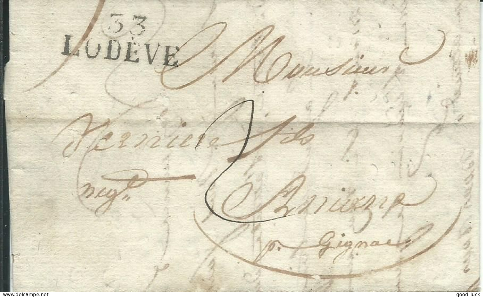 FRANCE MARQUE 33 LODEVE ( HERAULT ) POUR  ASNIERE ( HAUTS DE SEINE ) DE 1822 LETTRE COVER - 1801-1848: Vorläufer XIX