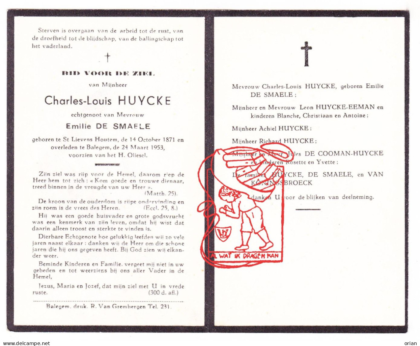 DP Charles Huycke ° St-Lievens-Houtem 1871 † Balegem Oosterzele 1953 X Em. De Smaele / Eeman De Cooman Van Koningsbroeck - Devotion Images