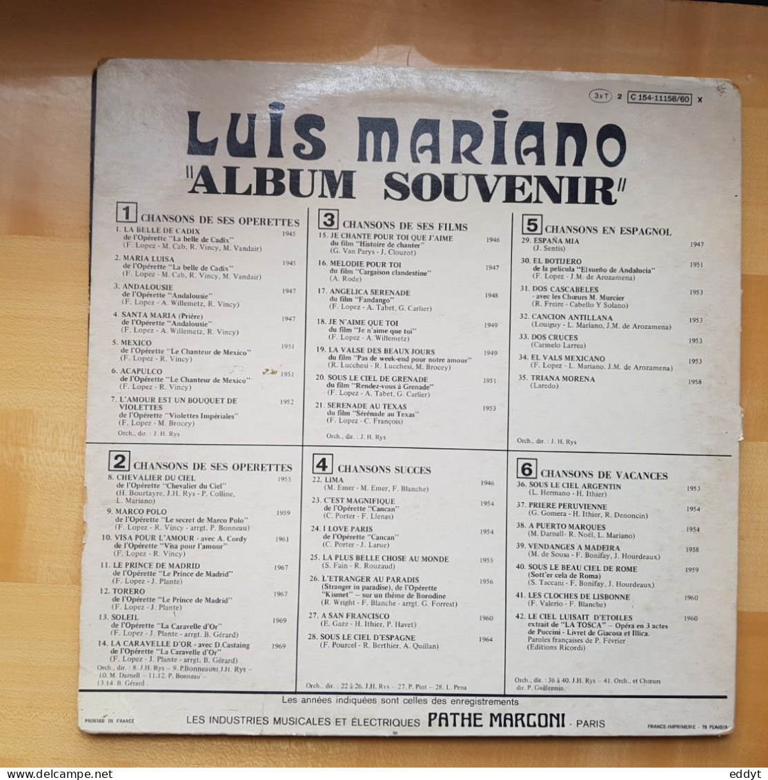"ALBUM SOUVENIR"  DISQUE  Vinyle 33 T -  Luis MARIANO  "chansons D'Opérettes "  TBE - Opere