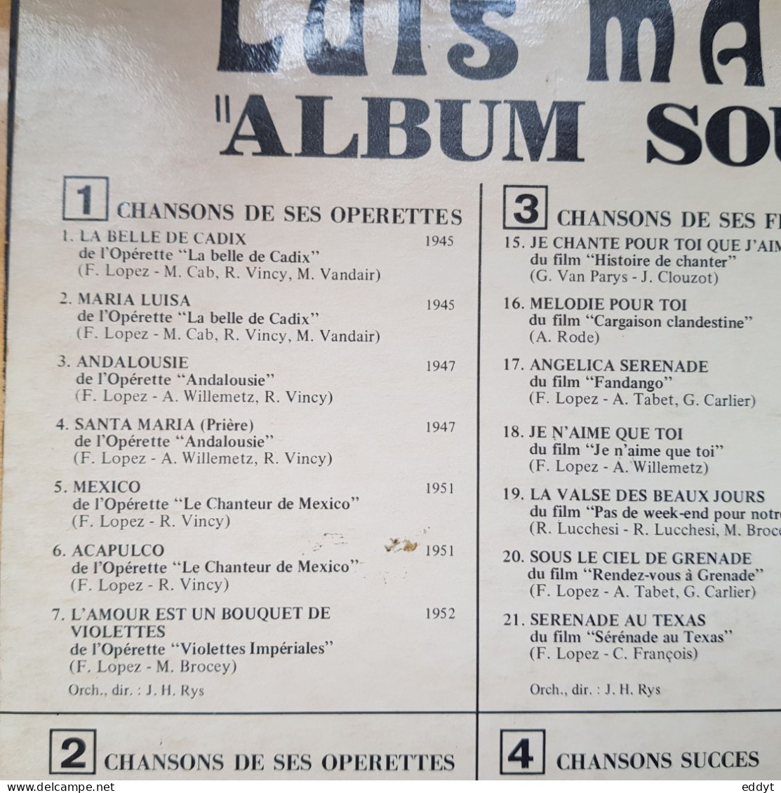 "ALBUM SOUVENIR"  DISQUE  Vinyle 33 T -  Luis MARIANO  "chansons D'Opérettes "  TBE - Opera / Operette