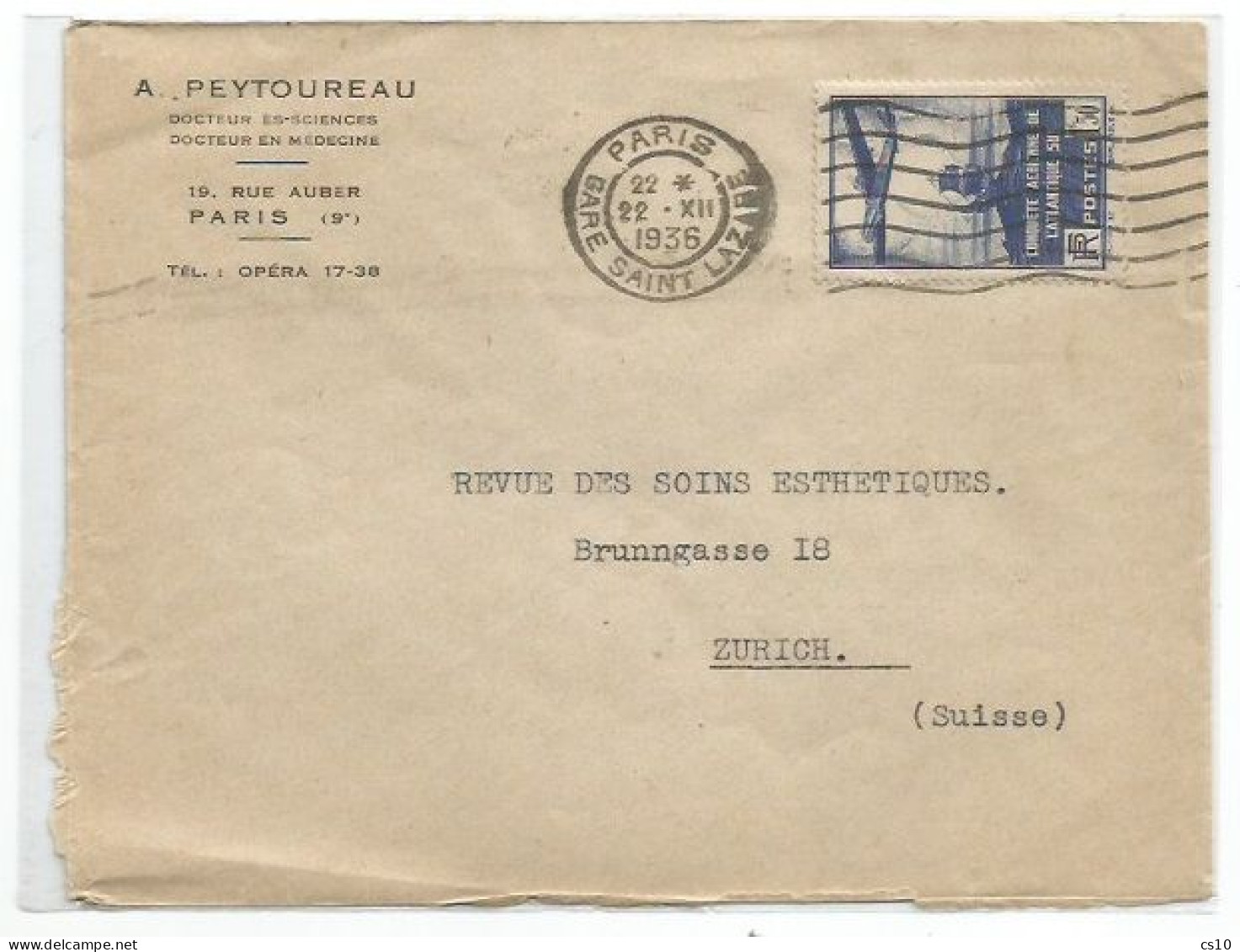 France Atlantique Du Sud F.1.50 Seul Sur Lettre Paris 22dec1936 X Suisse - 1927-1959 Lettres & Documents