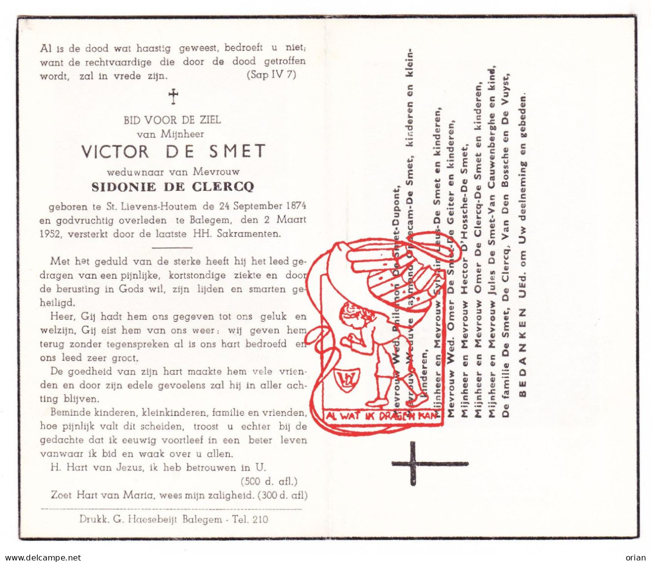 DP Victor De Smet ° St-Lievens-Houtem 1874† Balegem Oosterzele 1952 De Clercq Dupont Opdecam Leus Van Cauwenberghe Vuyst - Devotieprenten