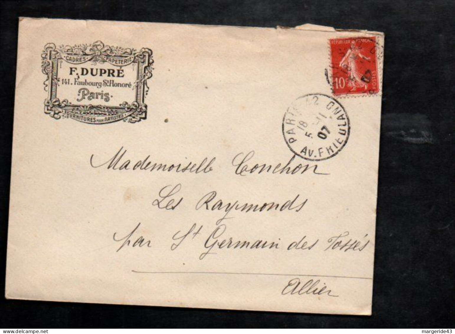 SEMEUSE SUR LETTRE DE PARIS 42 1907 - 1877-1920: Semi-Moderne