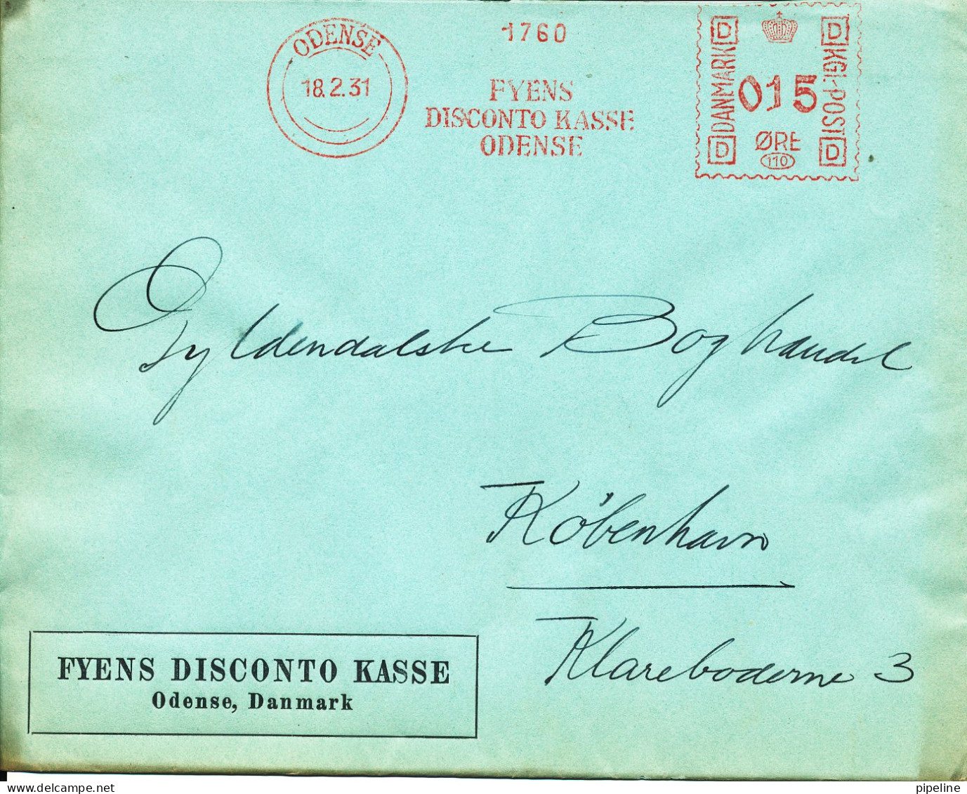 Denmark Cover With Red Meter Cancel Odense 18-2-1931 Fyens Disconto Kasse Odense - Covers & Documents