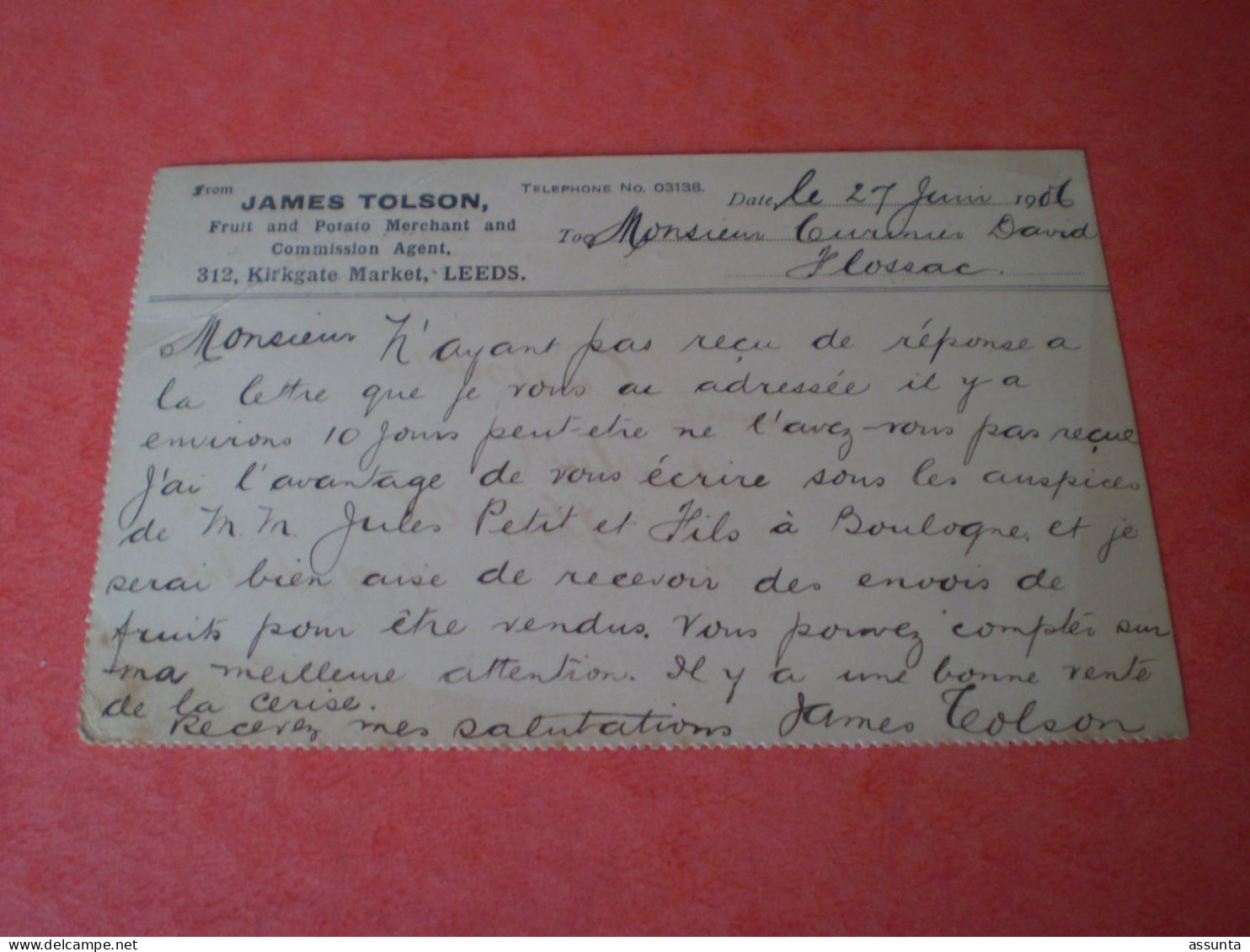 Carte Postale Commerciale James TOLSON à LEEDS, Fruit Pomme De Terre, Cachet Leeds 1906 Timbre One Penny - Cultivation