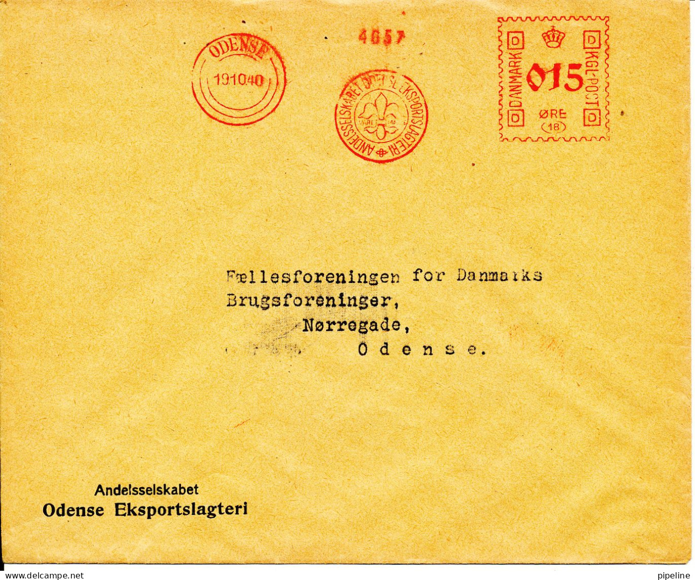 Denmark Cover With Red Meter Cancel Odense 19-10-1940 Andelsselskabet Odense Eksportslagteri - Briefe U. Dokumente