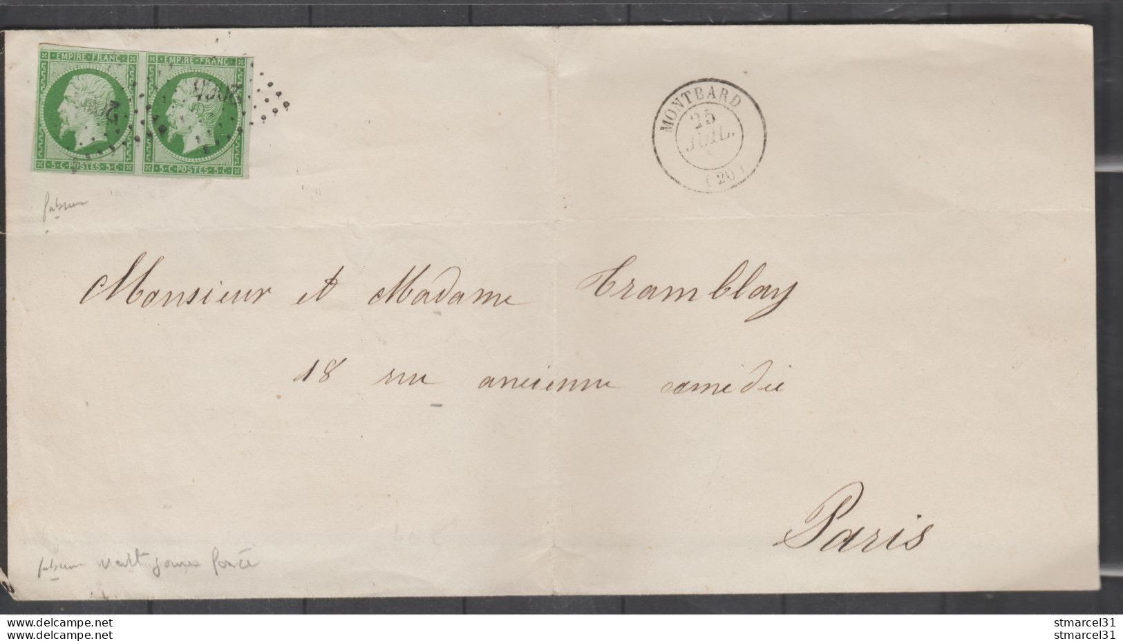 LE RARE VERT JAUNE FONCE Sur VERDATRE N° MARIANNE 14Ab En Paire TBEet BE Cote 800€ - 1853-1860 Napoleone III