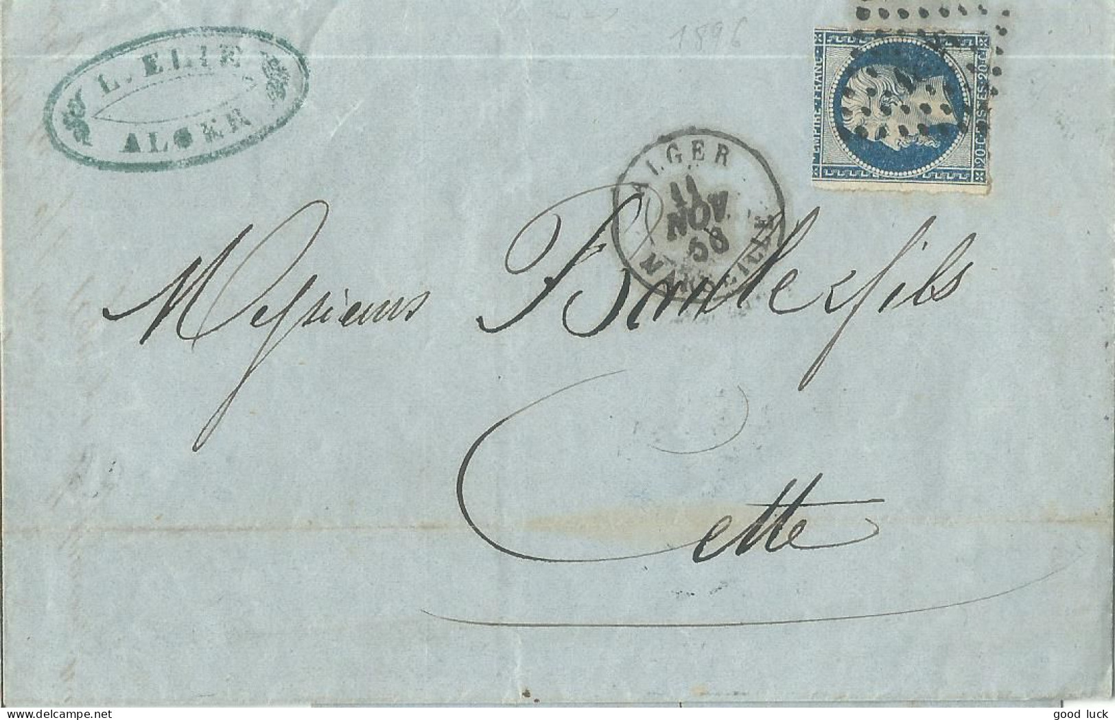 FRANCE LETTRE 20c PC 3710 ALGER / ALGERIE POUR CETTE ( HERAULT ) DE 1856 LETTRE COVER - 1849-1876: Klassik