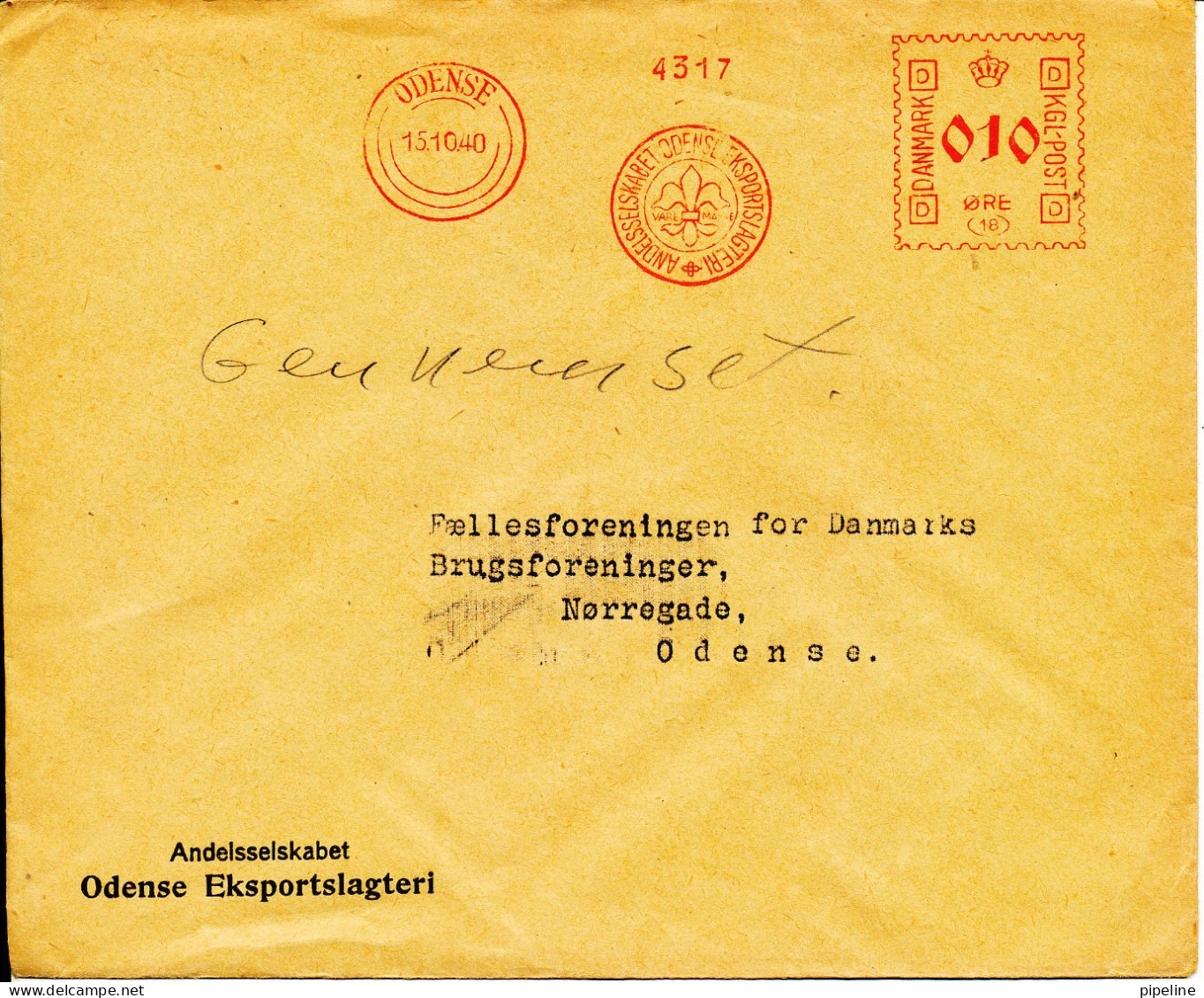 Denmark Cover With Red Meter Cancel Odense 13-10-1940 Andelsselskabet Odense Eksportslagteri - Brieven En Documenten