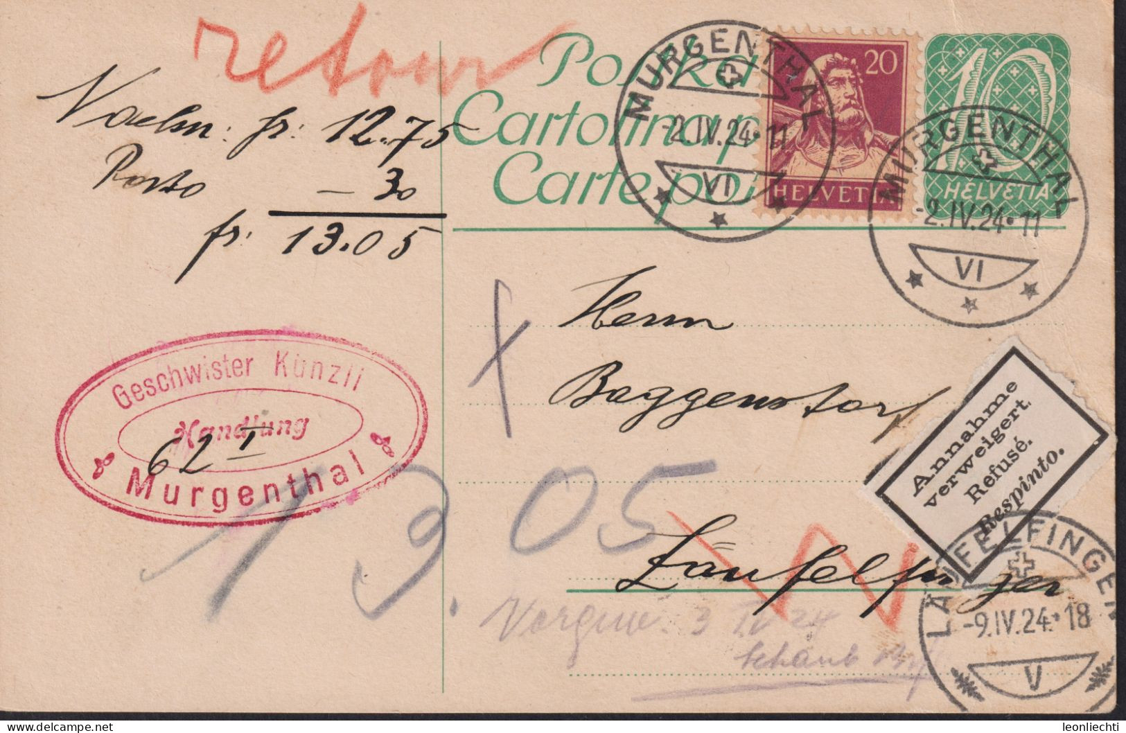 1923 Schweiz Postkarte Nr. 87,mit Zum:CH 154, Mi:CH 165x, Annahme Verweigert Refusé, (° Murgenthal - Läufelfingen) - Entiers Postaux