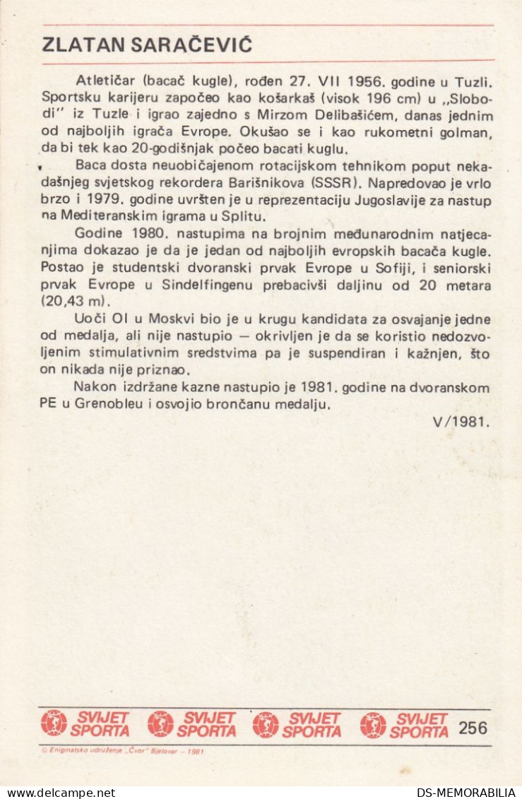 Shot Put Zlatan Saračević From Tuzla Bosnia Yugoslavia Trading Card Svijet Sporta - Atletica