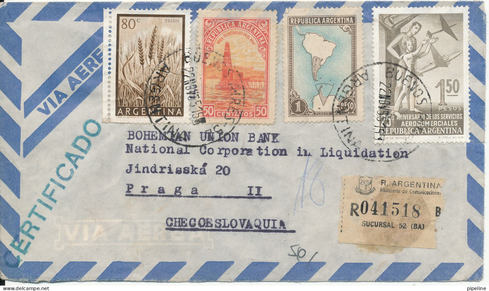 Argentina Registered Air Mail Cover Sent To Czechoslovakia Buenos Aires 22-11-1955 Topic Stamps Incl. MAP - Airmail