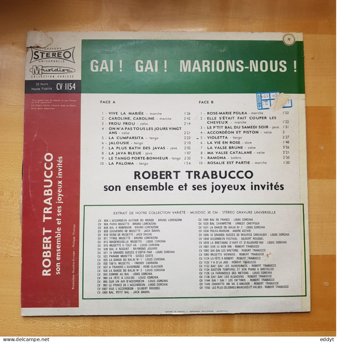 DISQUE  Vinyle 33 T -  CHANSONS PAILLARDES  - GAI ! GAI ! Marions-nous   " TBE - Autres - Musique Française