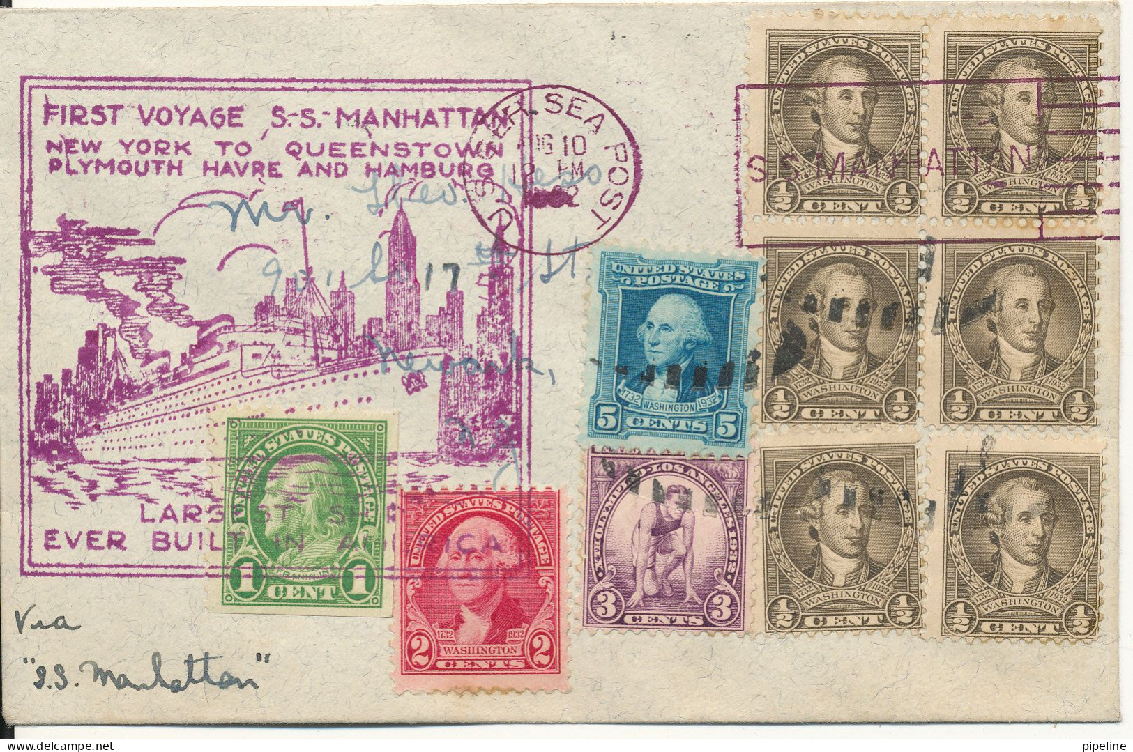 USA S/S Manhattan First Voyage Cacheted Cover German Sea Post 10-8-1932 New York To Queenstown - Plymouth - Le Havre - - Enveloppes évenementielles