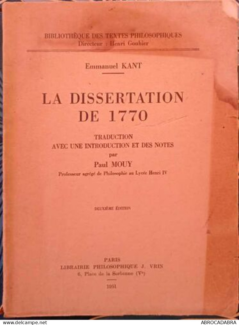 La Dissertation De 1770 - Psychologie/Philosophie