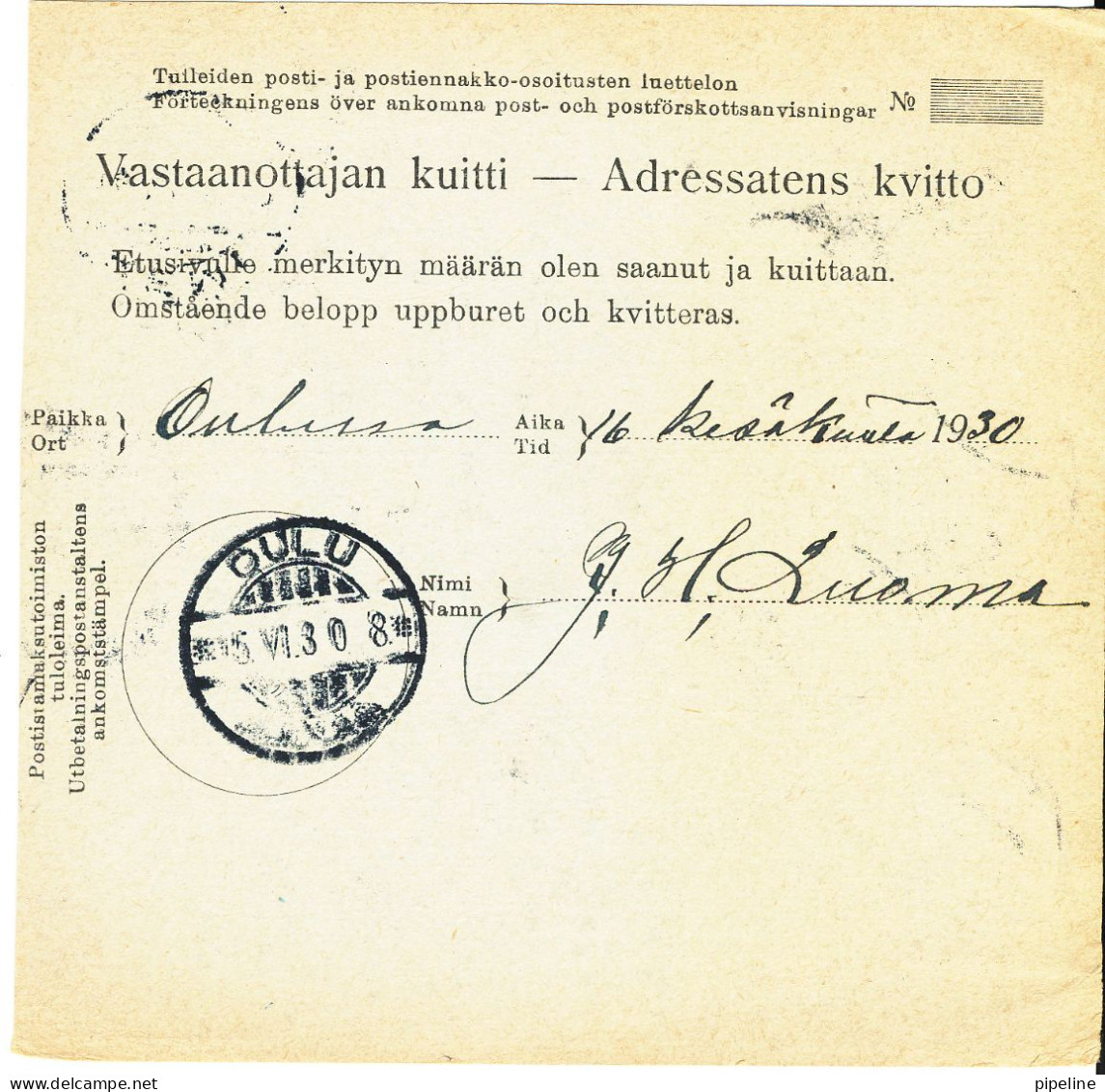 Finland Postiosoitus Adresskort Postanvisning Freight Bill Card Kemi 14-6-1930 And Backside Seinäjoki 15-6-1930 - Covers & Documents