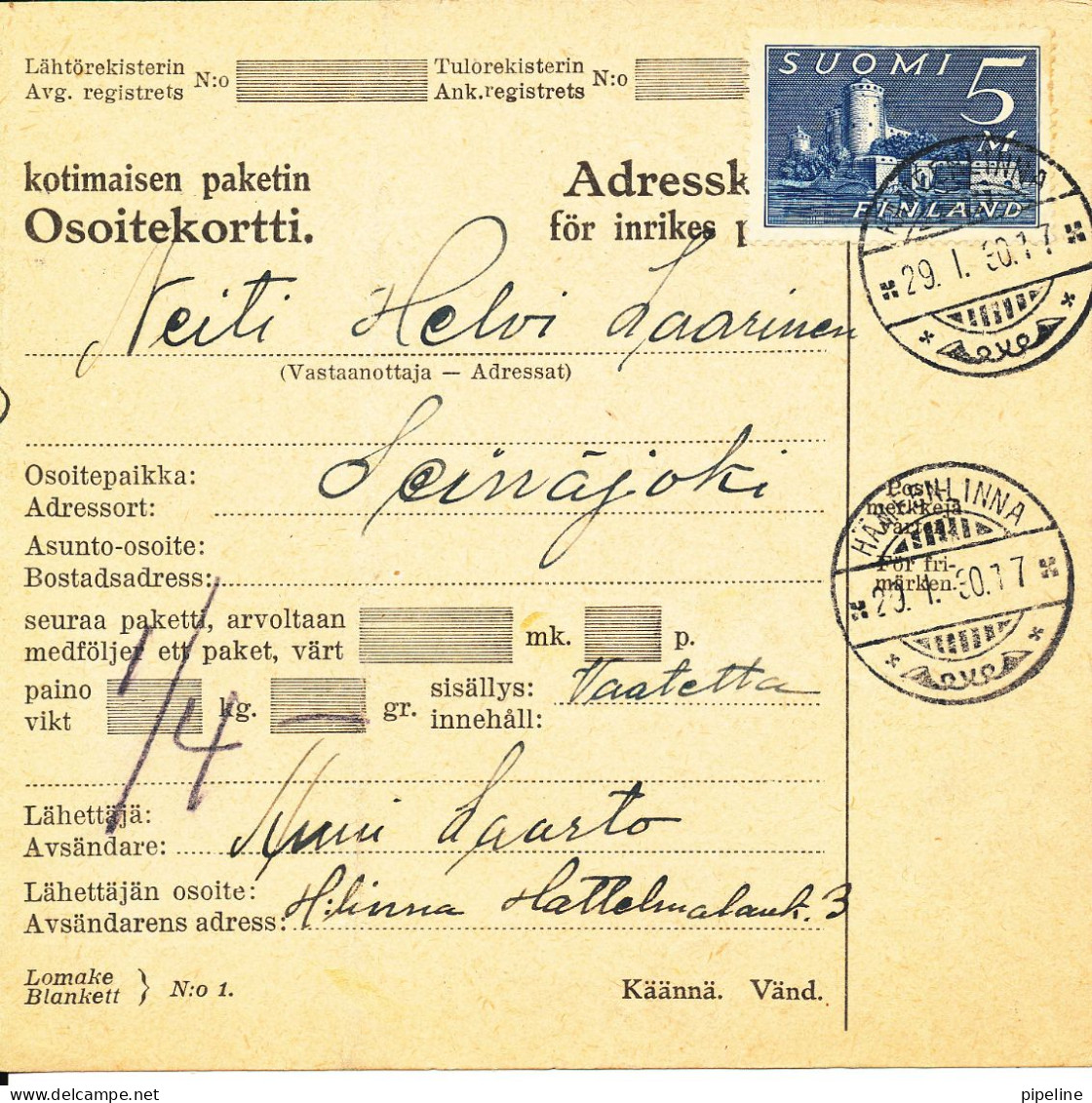 Finland Osoitekortti Adresskort Paket Packet Freight Bill Card Hämelinna 29-1-1930 And Backside Seinäjoki 30-3-1930 - Storia Postale