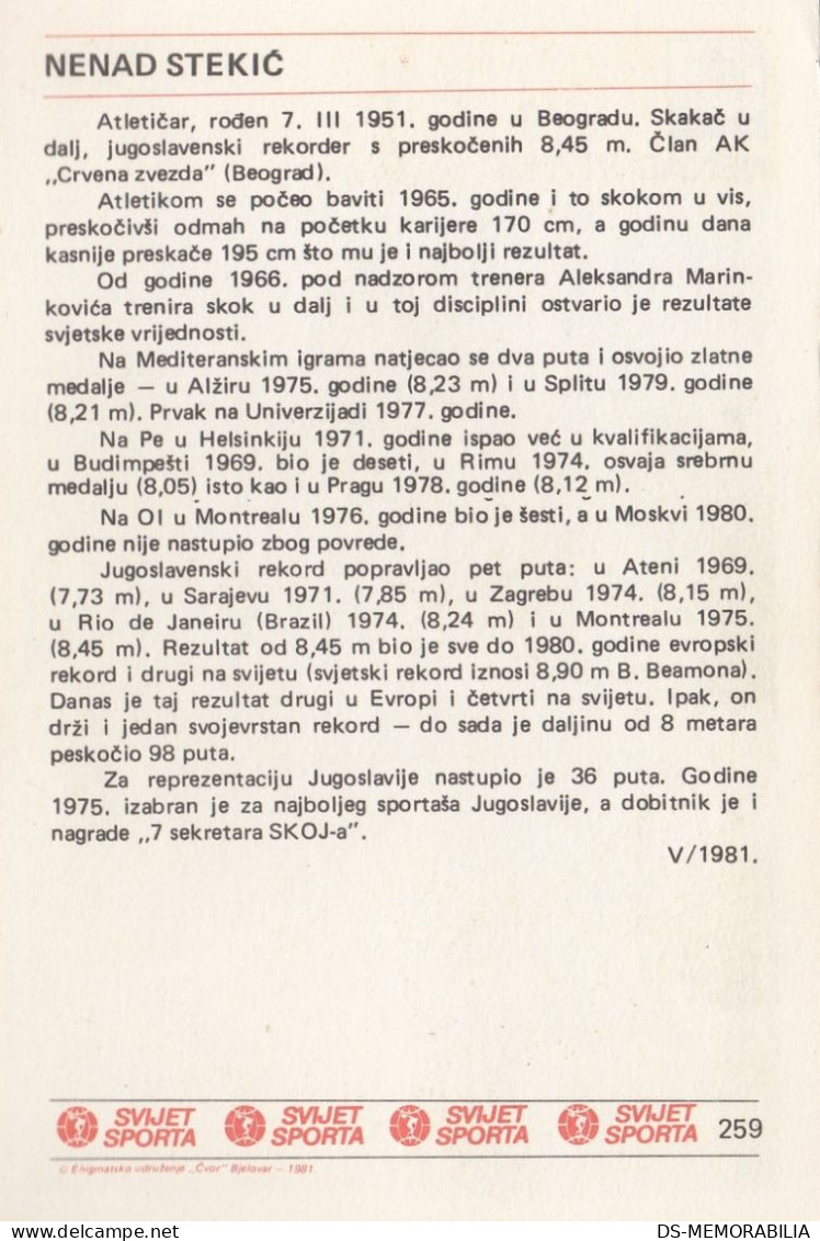 Long Jump - Nenad Stekić Yugoslavia Trading Card Svijet Sporta - Athlétisme