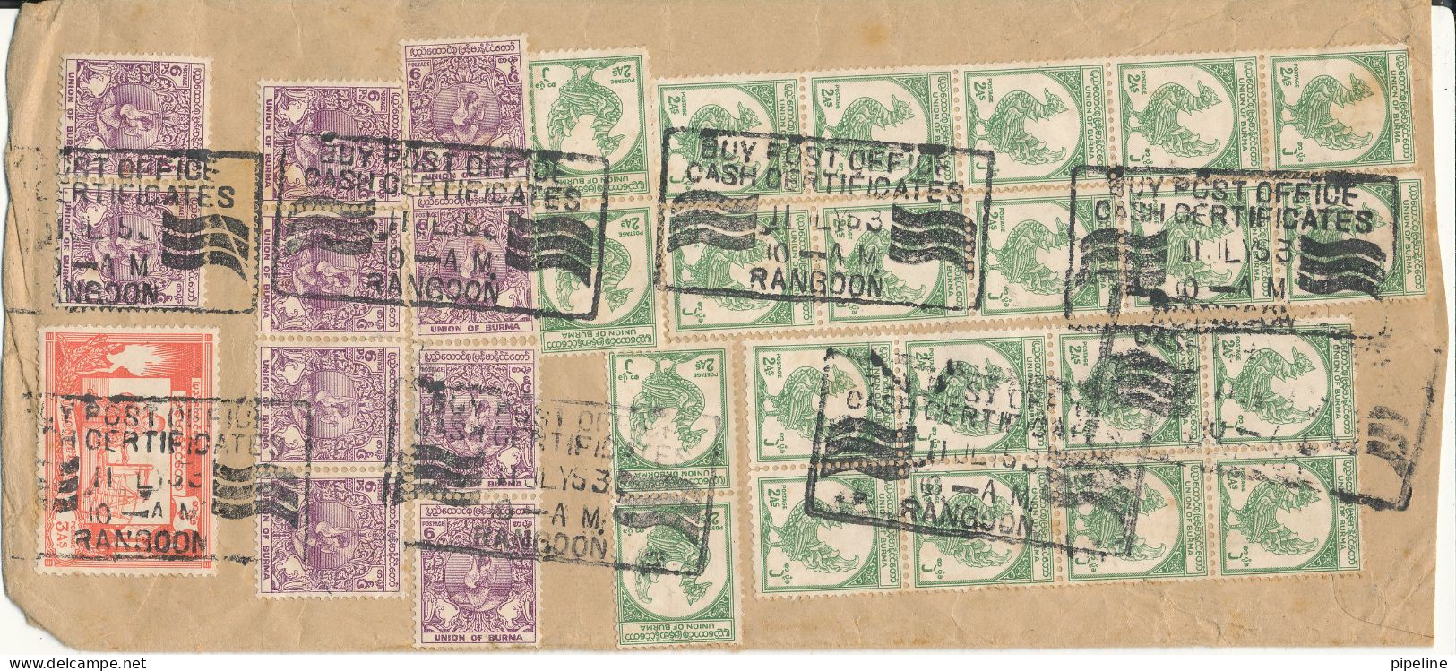 Burma Cover Sent Air Mail To Denmark Rangoon 11-7-1953 With A Lot Of Stamps - Myanmar (Birma 1948-...)
