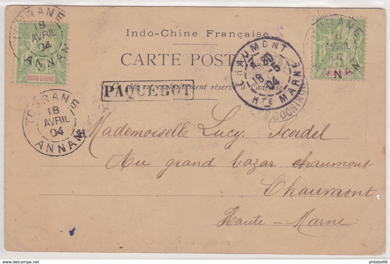INDOCHINE  CARTE PARTIE DE TOURANE PAR PAQUEBOT  RUE ANIMEE D'HANOI - Lettres & Documents