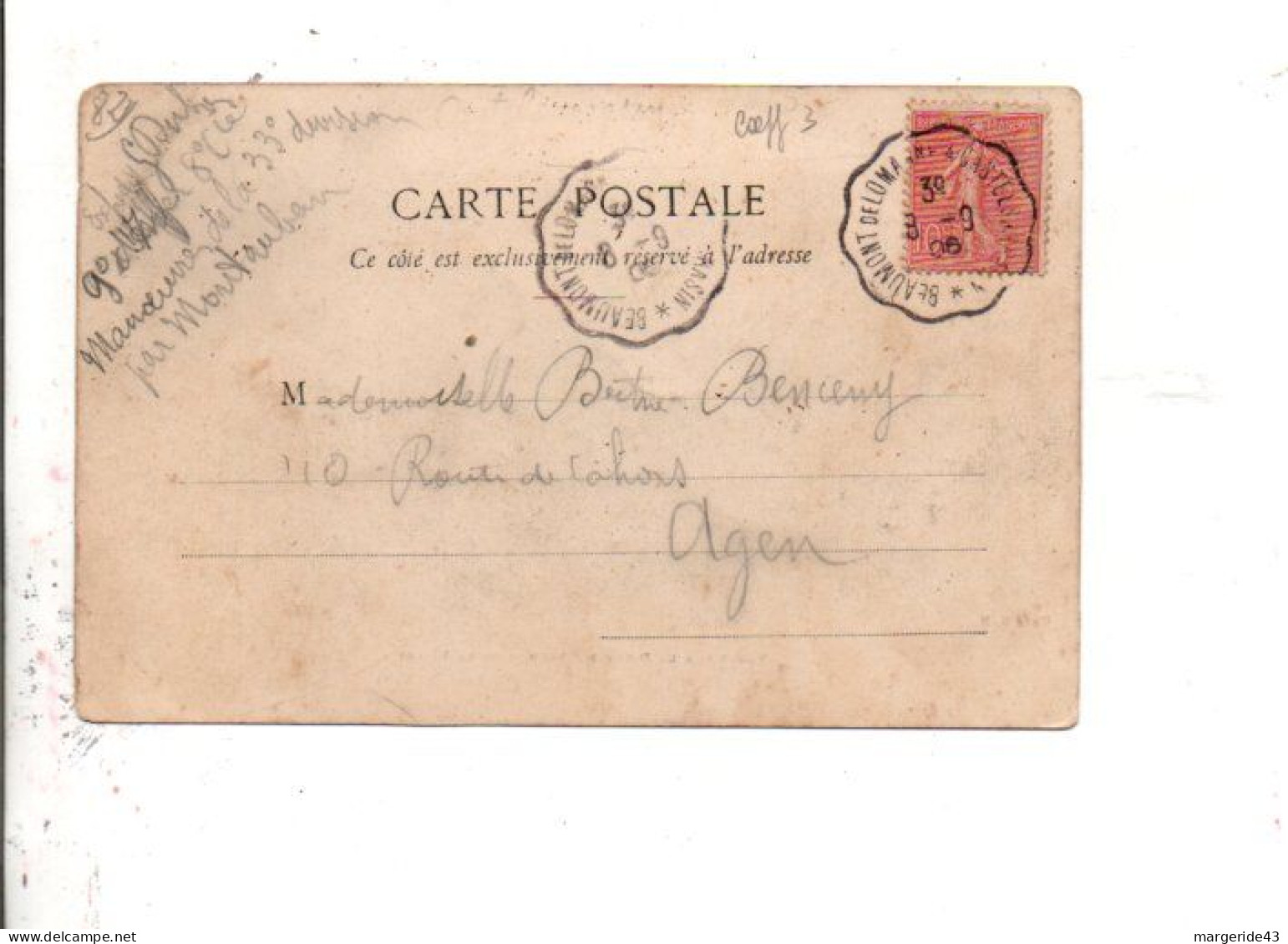 AMBULANT DE BEAUMONT DE LOMAGNE A CASTELSARRAZIN 1906 - Railway Post