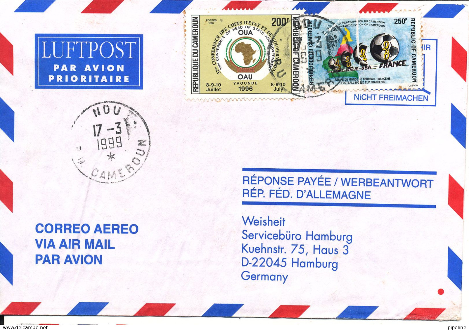 Cameroon Air Mail Cover Sent To Germany 17-3-1999 - Camerun (1960-...)