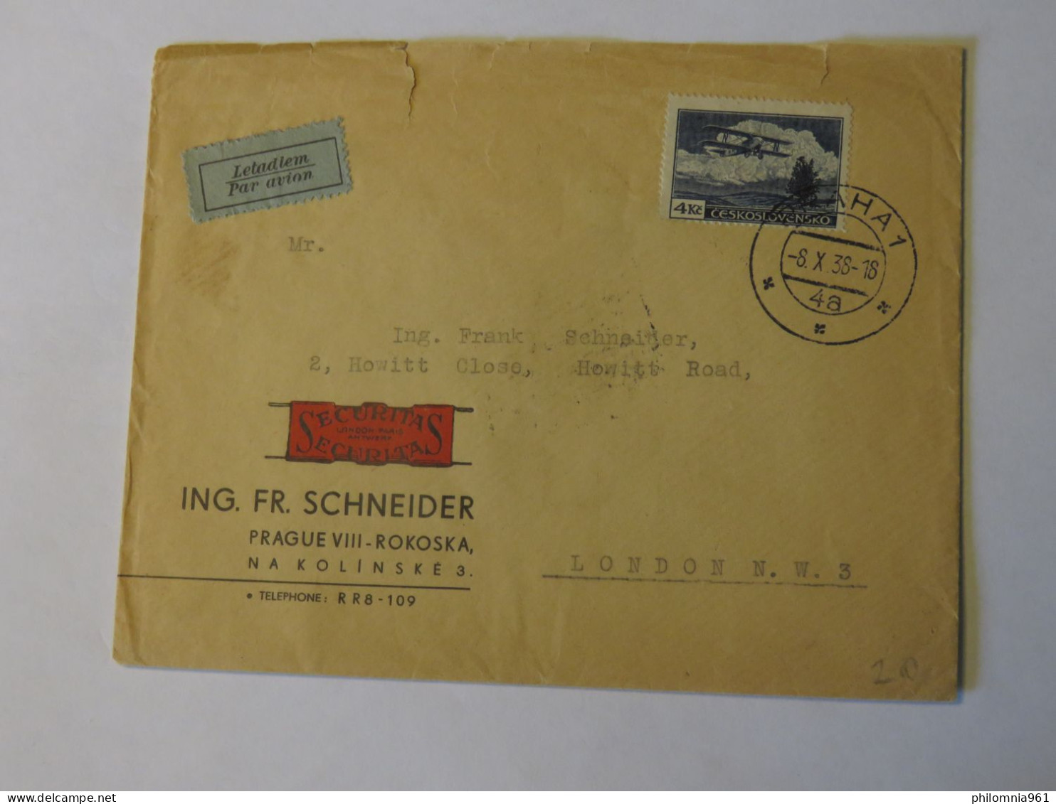 CZECHOSLOVAKIA  AIRMAIL COVER TO GREAT BRITAIN 1938 - Other & Unclassified