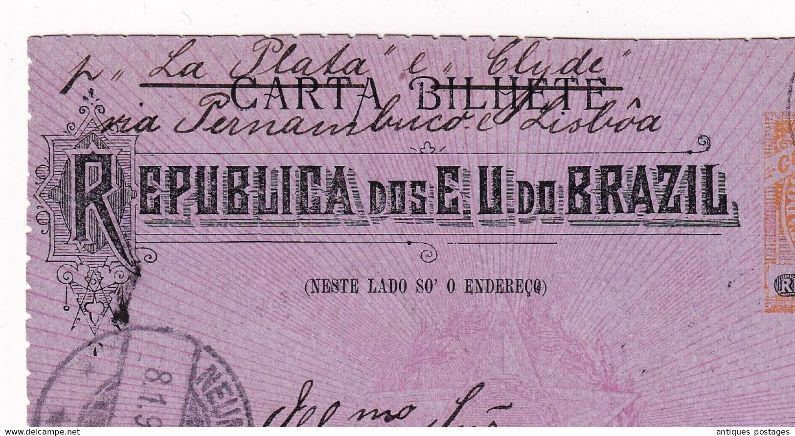 Carta Jaraguá 1899 Brésil Brazil Brasil Neumünster Deutschland Alemanha Via Pernambuco Lisboa - Postwaardestukken