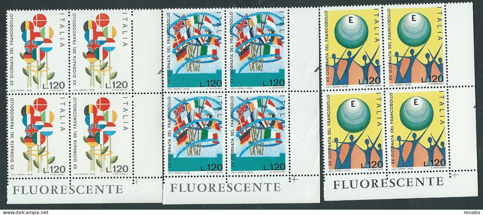 Italia 1978; Giornata Del Francobollo, Serie Completa. 3 Quartine D' Angolo Con FLUORESCENTE. - 1971-80: Neufs