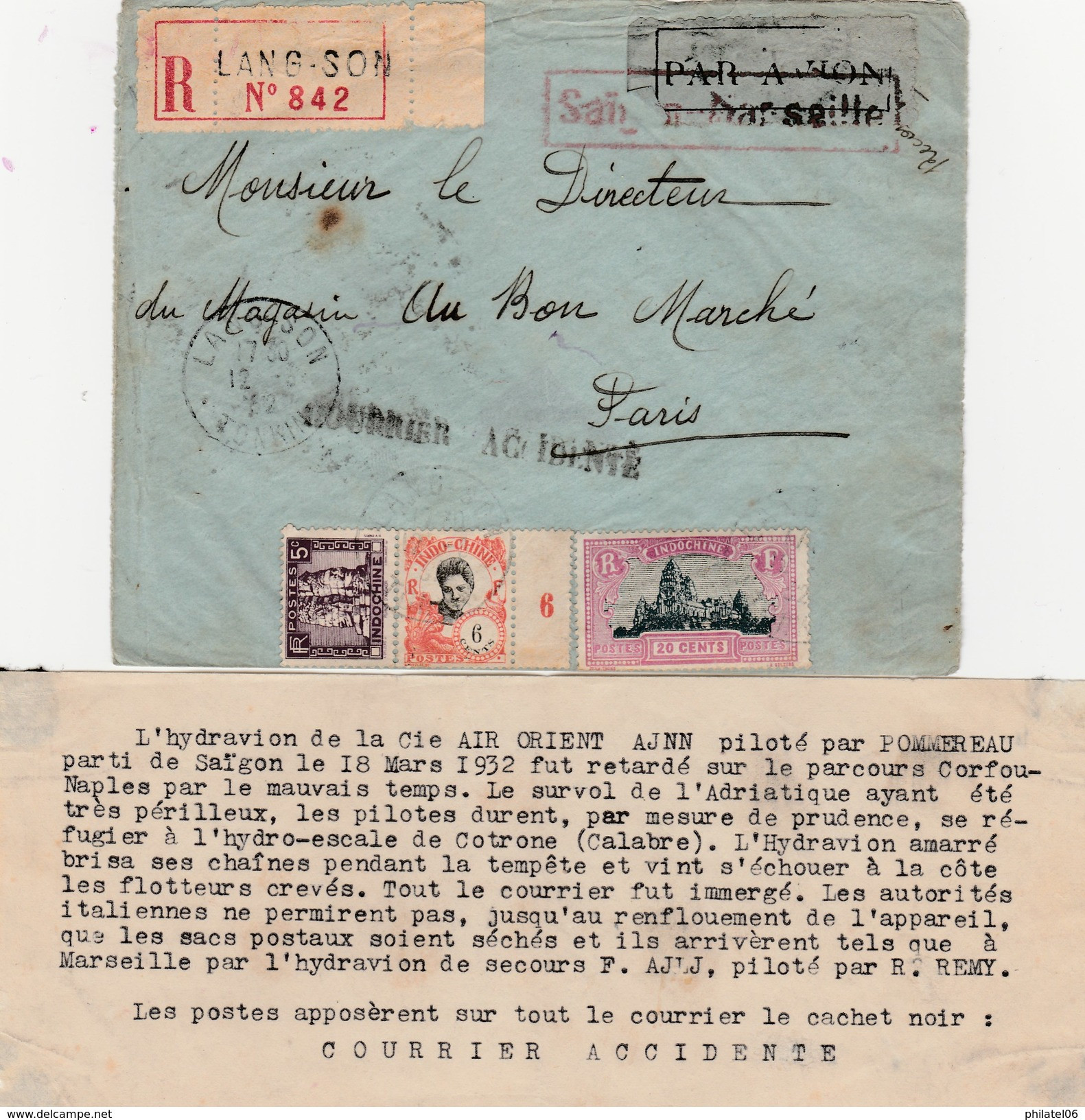 INDOCHINE  RARE COURRIER ACCIDENTE (VOIR TEXTE) - Lettres & Documents