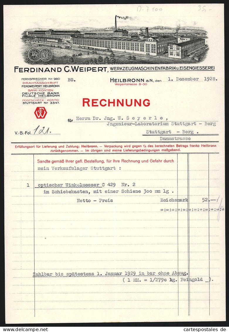 Rechnung Heilbronn 1928, Ferdinand C. Weipert, Werkzeugmaschinenfabrik & Eisengiesserei, Gesamtansicht Des Werks  - Sonstige & Ohne Zuordnung