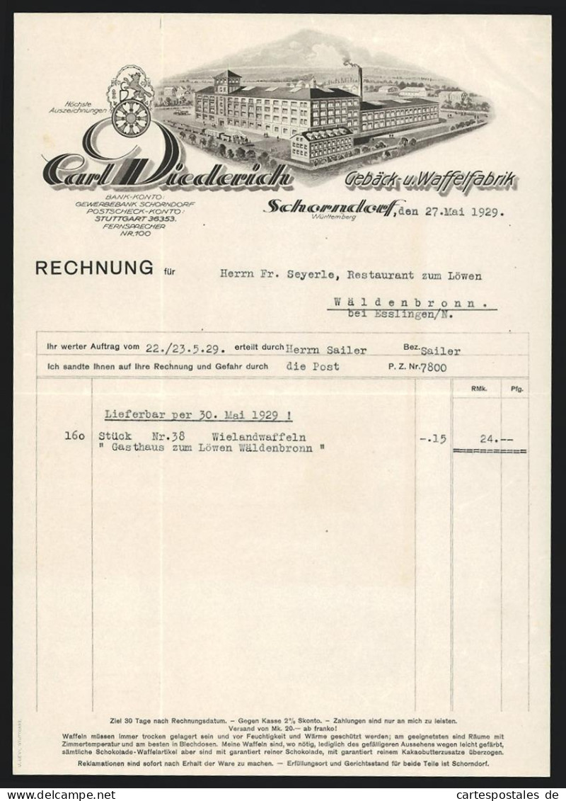 Rechnung Schorndorf 1929, Carl Diederich, Gebäck- Und Waffelfabrik, Betriebsansicht Mit Gleisanlage  - Autres & Non Classés