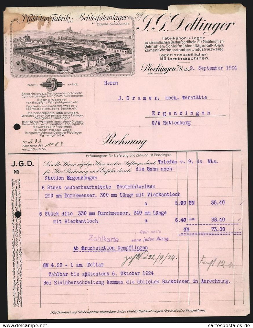 Rechnung Plochingen A. N. 1924, J. G. Dettinger, Mühl- & Schleifstein-Fabrik, Betriebsansicht Mit Lagerhallen  - Sonstige & Ohne Zuordnung