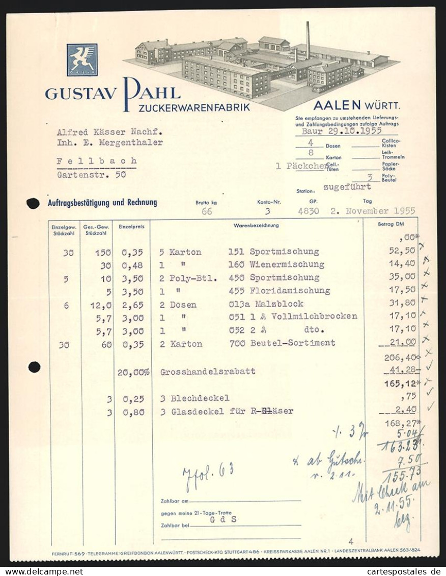 Rechnung Aalen /Württ. 1955, Gustav Pahl, Zuckerwarenfabrik, Modellansicht Der Betriebsanlage, Greif-Fabrikmarke  - Sonstige & Ohne Zuordnung