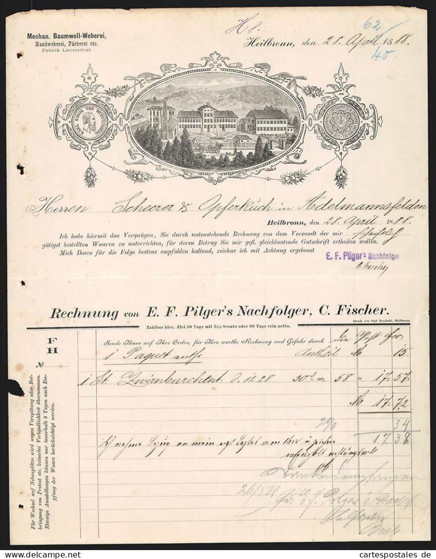 Rechnung Heilbronn 1888, C. F. Fischer, Mechan. Baumwoll-Weberei, Fontäne Auf Dem Geschäftsgelände, Preis-Medaille  - Other & Unclassified