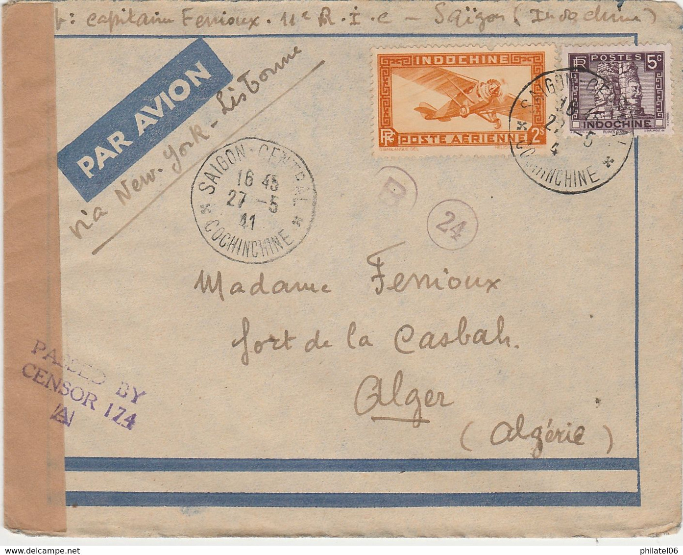 INDOCHINE FRANCAISE  LETTRE CENSUREE POUR L'ALGERIE  1941 - Lettres & Documents