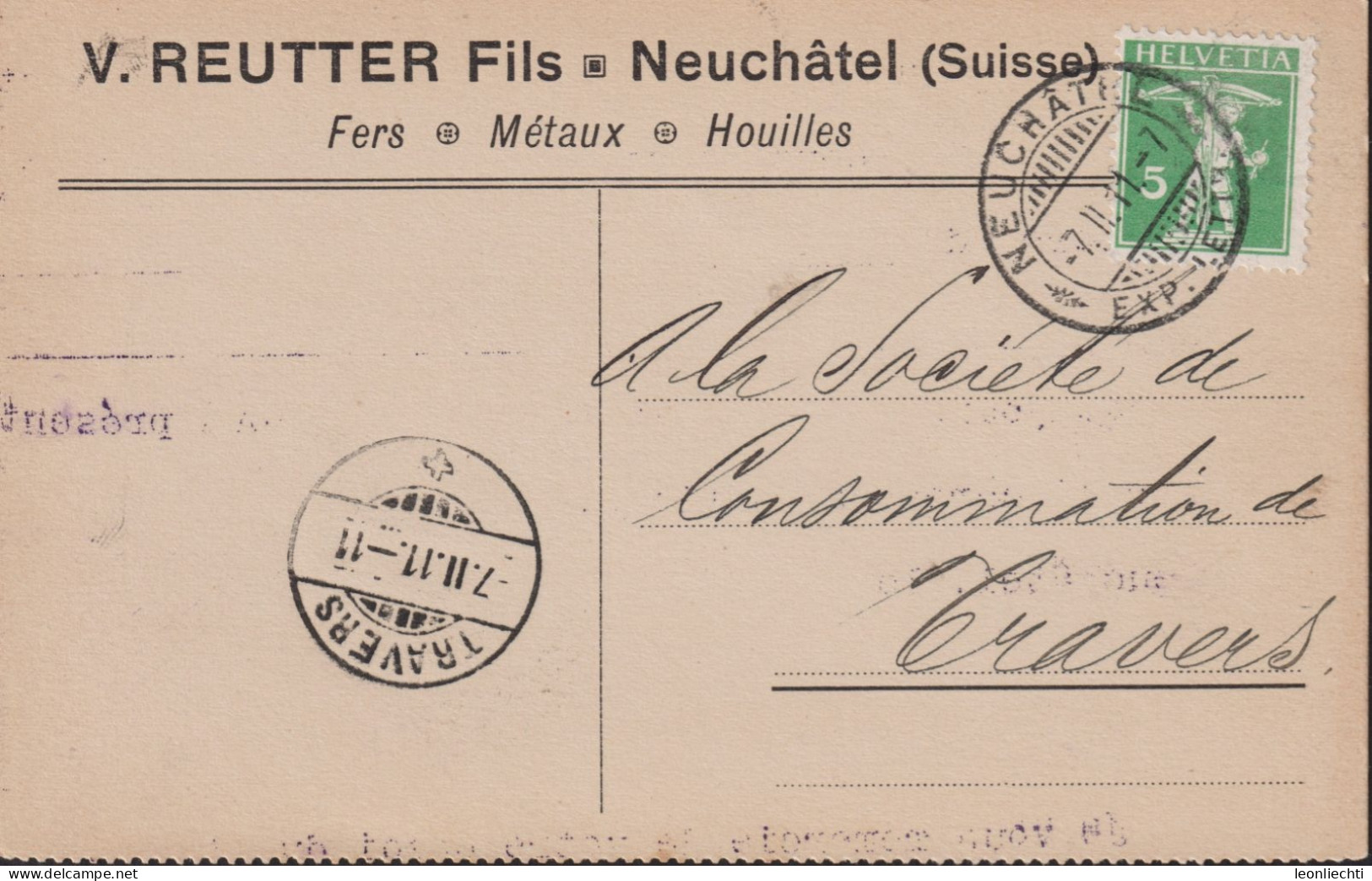 1910 Schweiz Geschäftskarte Zum:CH 125ll, Mi:CH 113ll, V. REUTTER FILS - Neuchâtel,(° Neuchâtel + Travers) - Brieven En Documenten